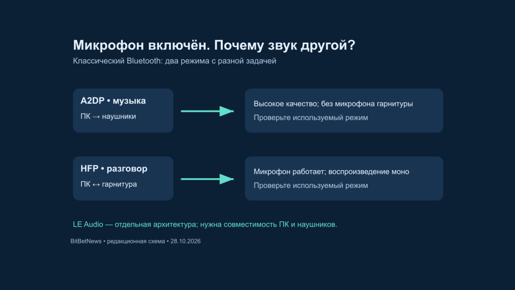 Bluetooth-наушники меняют звук при включении микрофона: что проверить в Windows 11 Схема профилей классического Bluetooth: A2DP для музыки и HFP для разговора