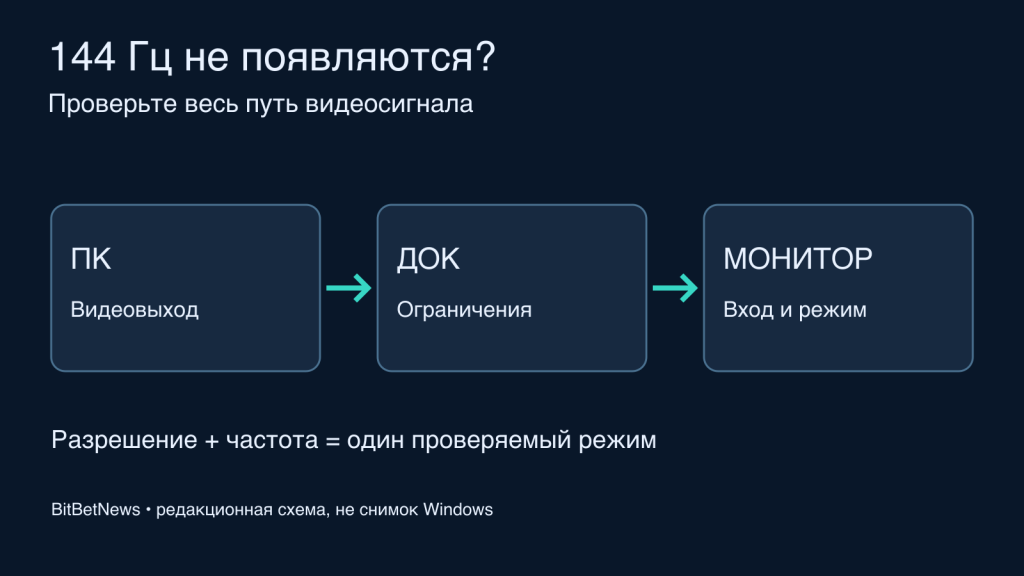Монитор 144 Гц работает на 60: как найти ограничение в Windows 11 Схема проверки видеосигнала: компьютер, док-станция и монитор с выбранным разрешением и частотой.